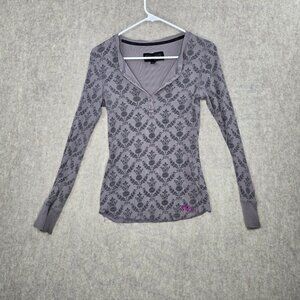 Fox Girls Henley Top Gray Damask Print Size L Cotton Blend Long Sleeve Casual